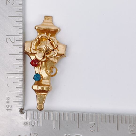 VTG 1940s Mid Century Brooch Pendant Convertible Red Blue Rhinestones Gold Tone - Picture 10 of 11